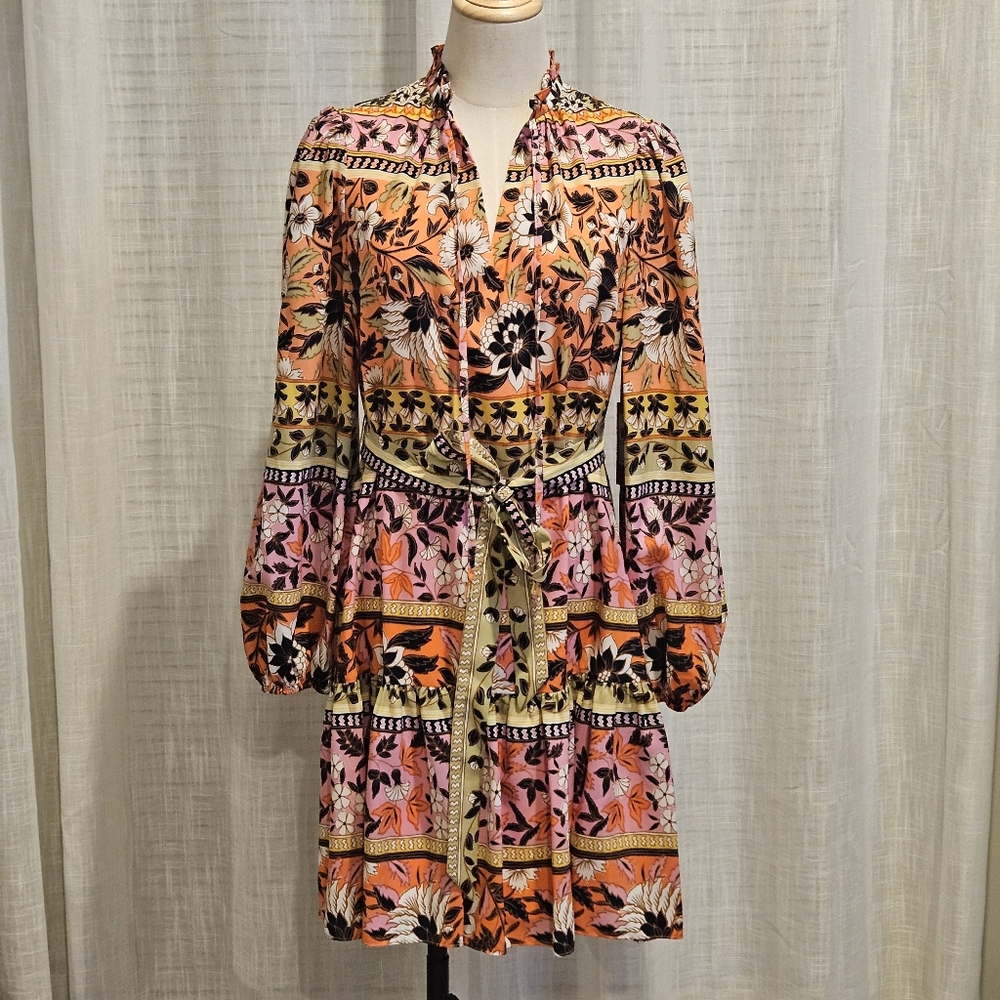 Vince Camuto 3/4 Puff Sleeve Ruffled  Split Neck Tiered Hem Midi Dress: Floral
